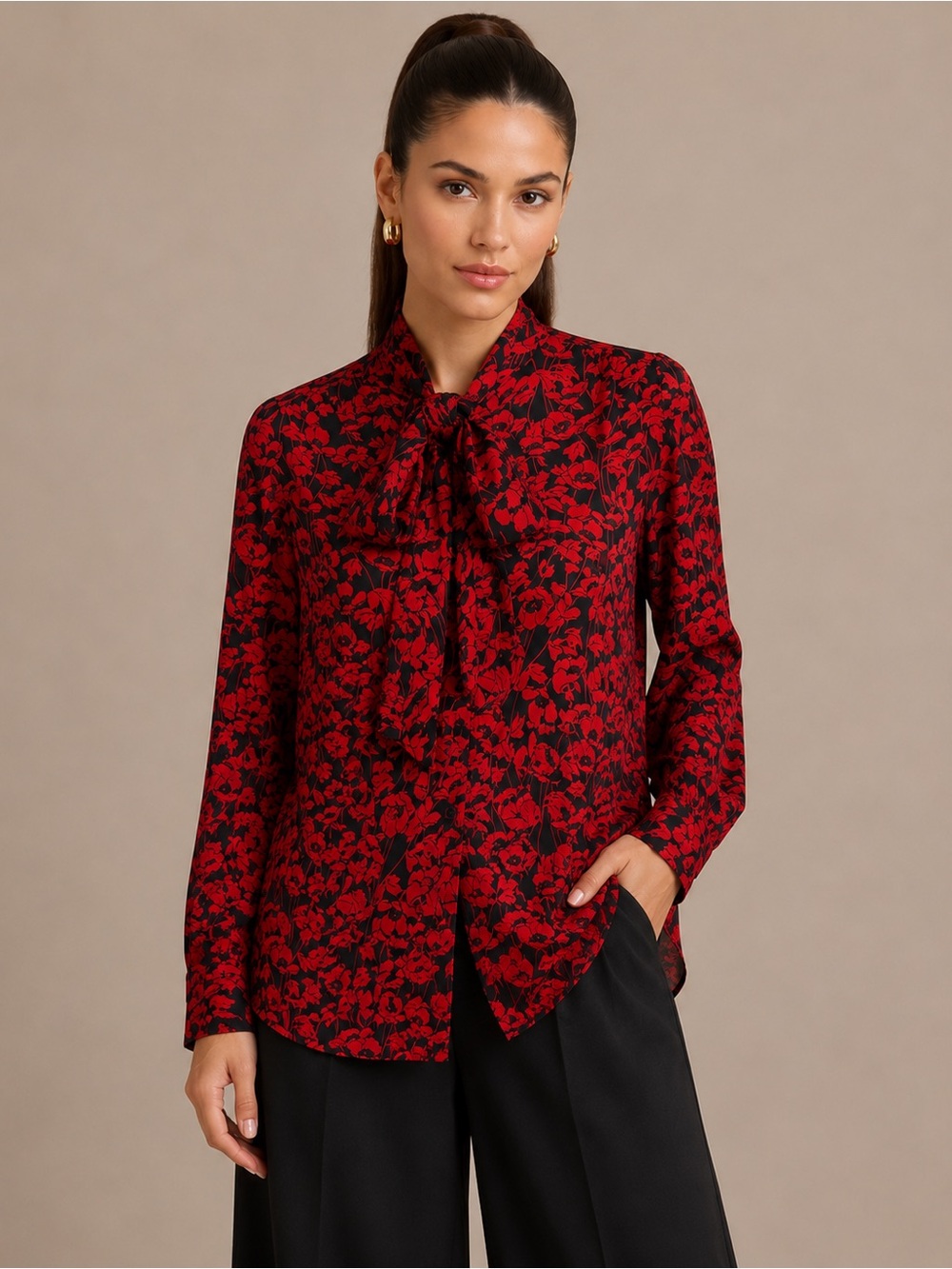 Who What Wear Red Floral Tie-Neck Blouse on Black - Picture 11 of 11